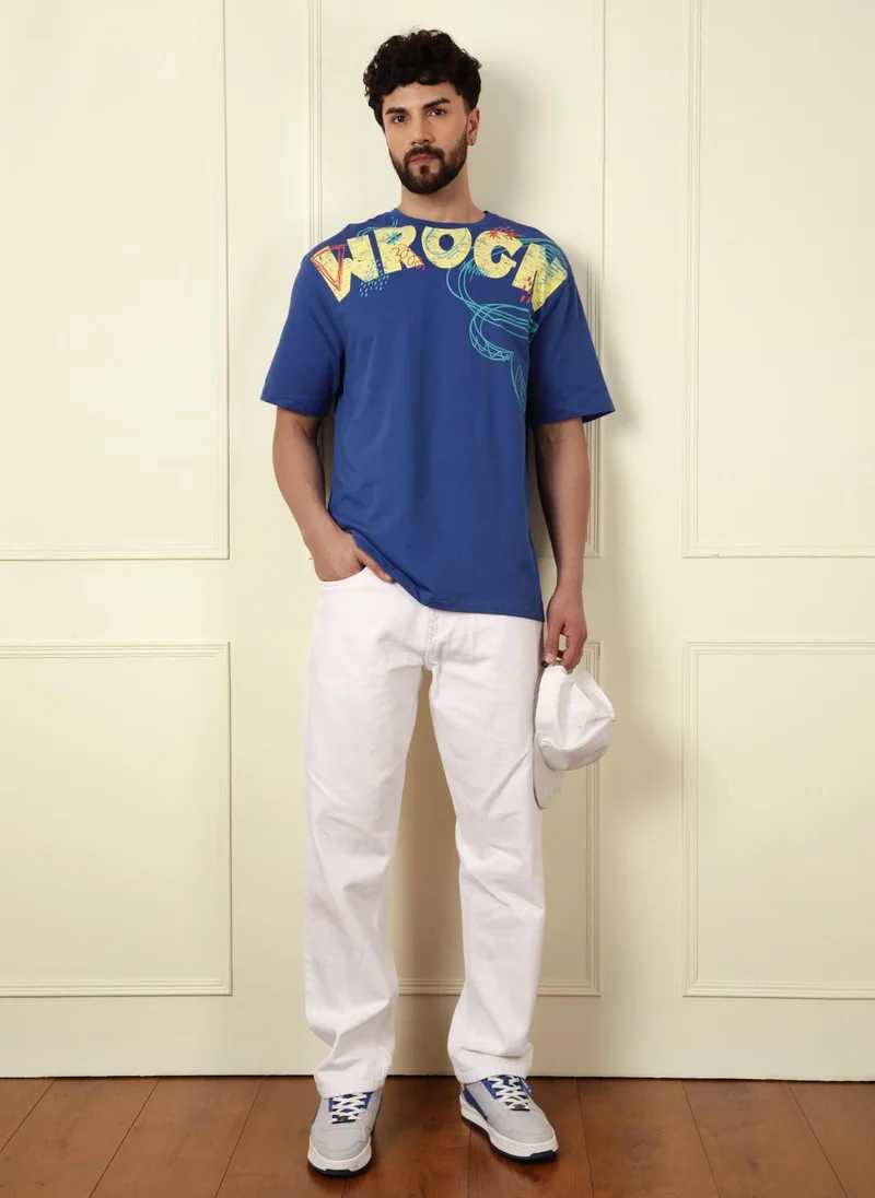 روجن Heavy GSM Placement Print T-Shirt | Blue